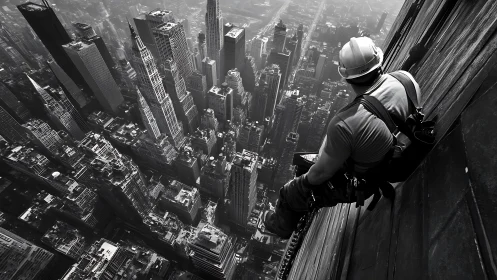 City worker quietly surveys a towering skyline from above