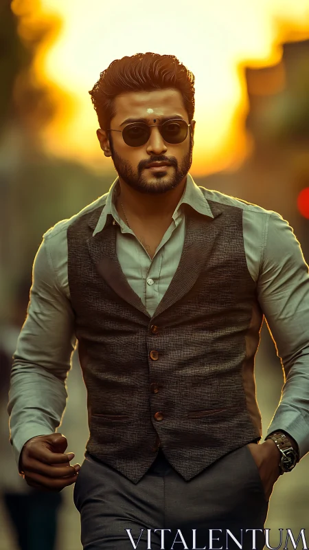 Stylish man walks confidently through golden sunset streets.