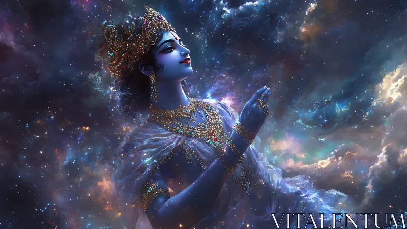 Celestial blue deity in jeweled regalia within cosmic nebula.