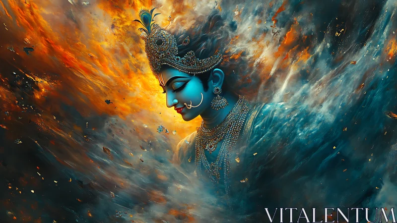 Celestial blue deity drifts through a wildfire of cosmic clouds