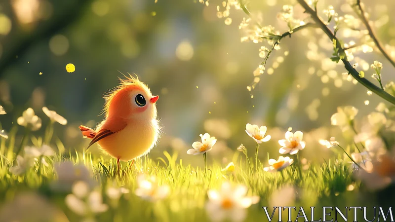 Sunlit fluff-bird marveling in a meadow of tiny wonders.