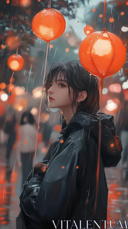 Lantern-lit rainstorm cradles a quiet girl in ember glow.