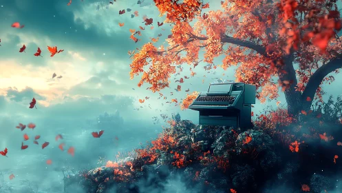 Typewriter on rocky ledge below red autumn tree in misty air.