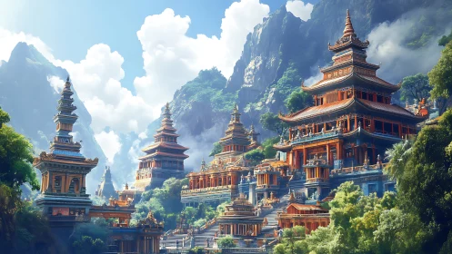 Sunlit mountain temples rising over a hidden green valley.