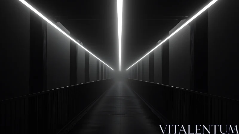 Linear illuminated corridor recedes into central vanishing point