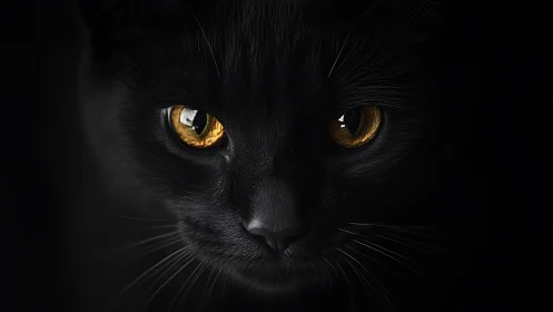 Black Feline Head Against Dark Background with Amber Eyes