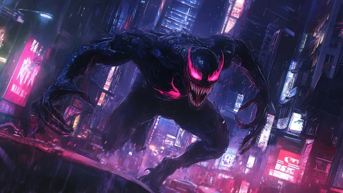 Neon-fanged monster prowls a rain-soaked cyberpunk skyline.