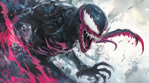 Ferocious symbiote creature lunges through neon chaos.