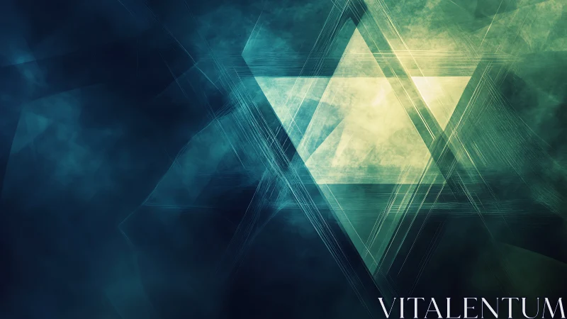 Geometric teal triangles layered in misty digital space.