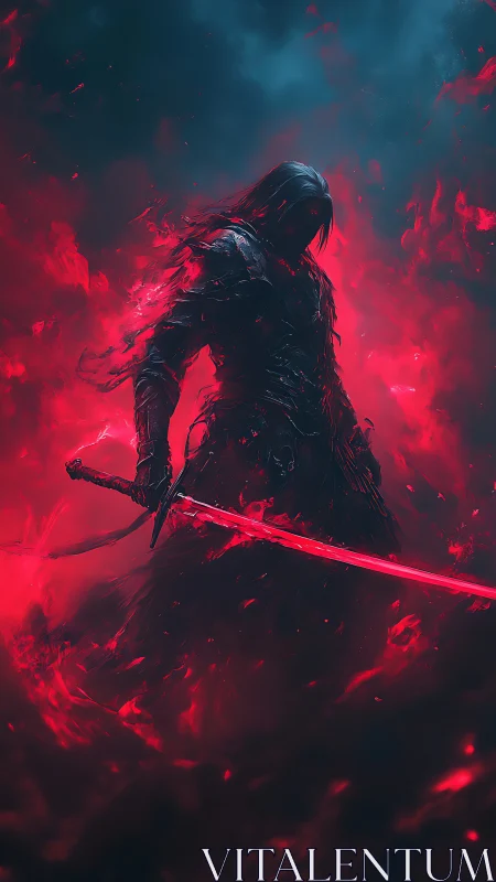 Crimson shadow warrior wrapped in swirling elemental fire.