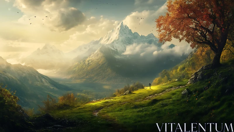 Lone hiker walks sunlit path beneath towering alpine peak