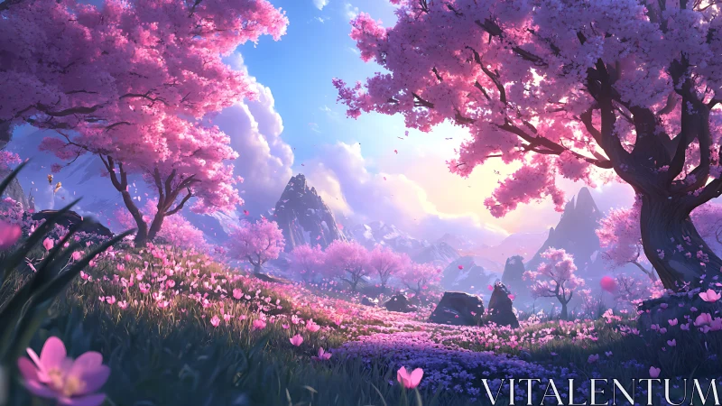 Luminescent cherry blossom valley under radiant sunrise.