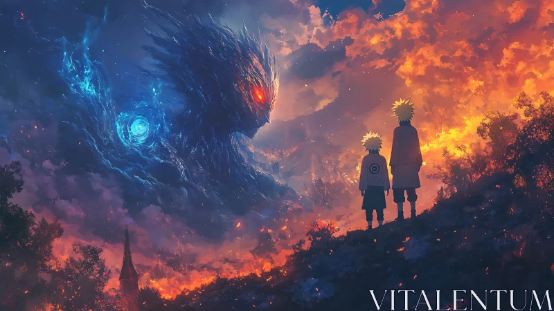 Two figures face glowing cosmic beast in burning sky.