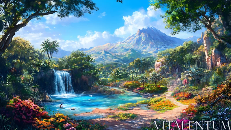 Sunlit waterfall valley with bright blooms and quiet paths.