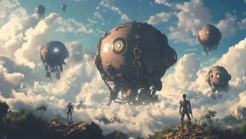 Spherical mech airships over cloud sea with observing androids