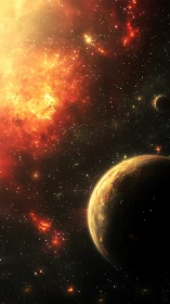 Illuminated exoplanet silhouette against dense orange stellar nebula