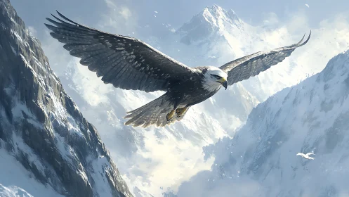 Majestic Bald Eagle Soaring Over Snowy Mountain Peaks, Realistic Art.