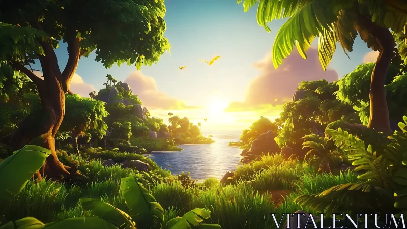 Tropical Lagoon Paradise at Golden Sunset Hour.