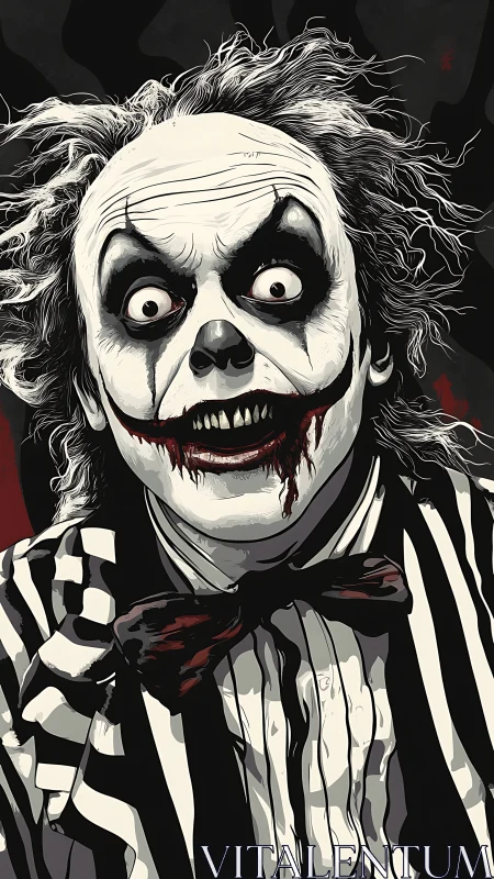 Wild haired clown leans close with a chilling, crooked grin