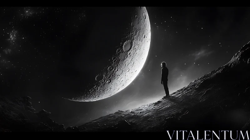 Solitary dreamer meets a looming crescent world in shadow.