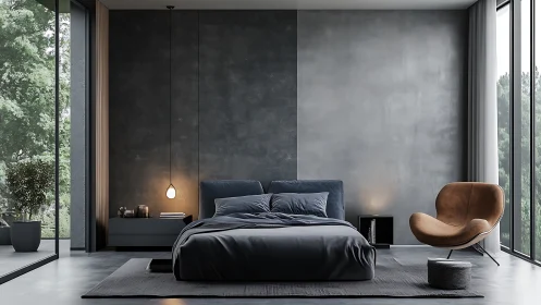 Modern minimal bedroom with large windows and gray palette.