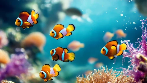Clownfish group swimming in colorful coral reef seascape.