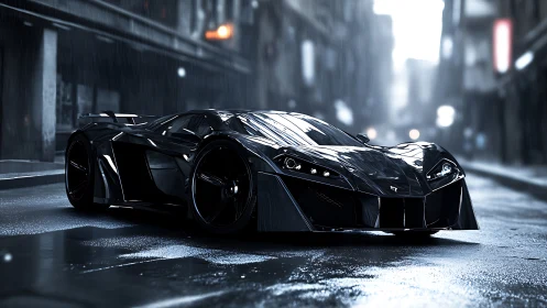 Midnight hypercar poised on slick neon-lit city street.