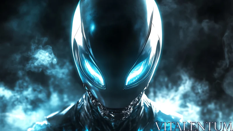 Futuristic metallic alien cyborg head with glowing blue eyes.