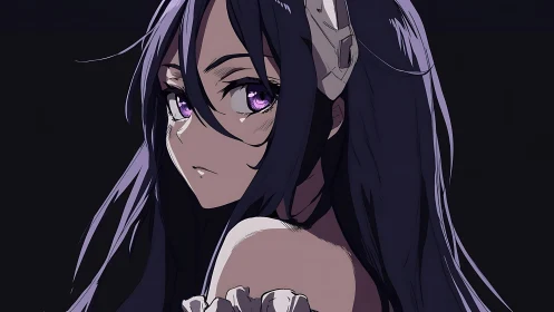 Violet eyed anime girl turns back in dramatic shadows.