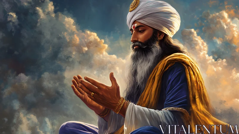 Turbaned elder in devotional prayer amid glowing clouds.