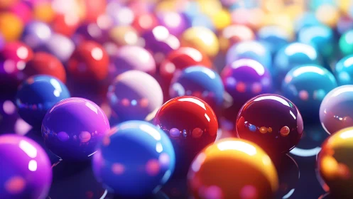 Luminous multicolor spheres reflect soft studio bokeh light.