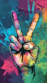 Colorful peace hand reaching out with bold, joyful energy.
