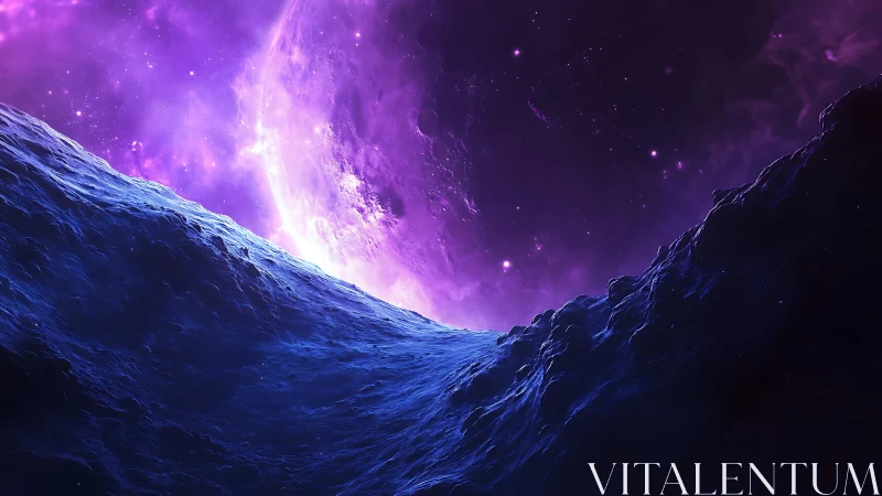 Luminous exoplanet horizon under violet nebular irradiance.