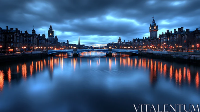 Midnight river mirrors a city’s cobalt hush and ember glow