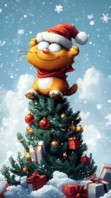 Cartoon Christmas cat perched atop a snowy decorated tree