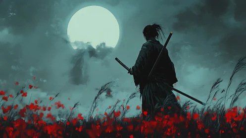 Lone samurai surveys scarlet field beneath ghost moon.