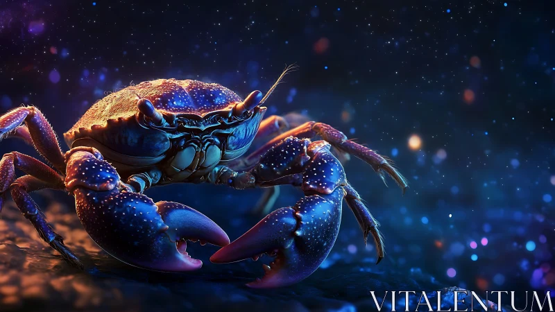 Glowing night crab under dreamy starlit ocean sky.