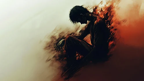 Solitary figure burns through shadow in abstract firestorm.