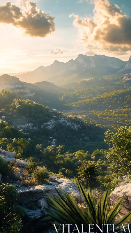 Sunlit mountain valley rendered with detailed volumetric atmosphere