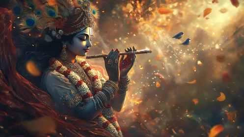 Divine blue-skinned figure playing flute amid glowing leaves.