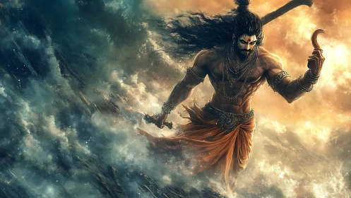 Mythic warrior strides through storming sea with curved blade