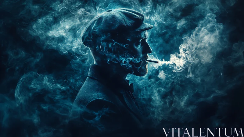 Smoky profile portrait shows man in cap exhaling cigarette