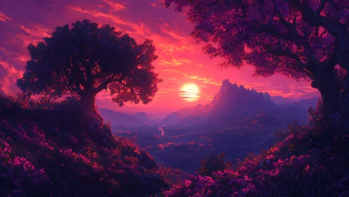 Sunset dream valley framed by glowing magenta trees.