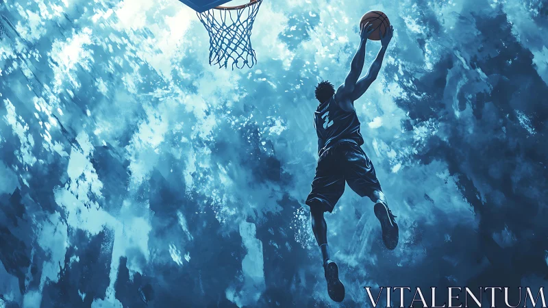 Digital painting of soaring basketball dunk in blue sky.