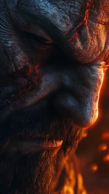 Weathered warrior glowing softly in emberlit shadows.