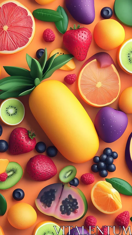 Lush candy-bright fruit parade on a playful orange stage.