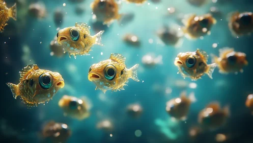 Cartoonish golden fish school in bright underwater scene.