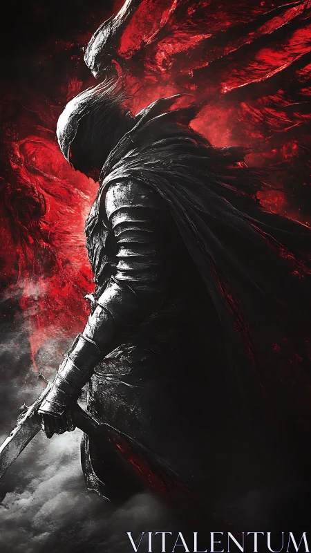 Brooding dark knight wrapped in swirling crimson fire.