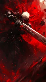 Armored swordsman with giant blade in red abstract field.