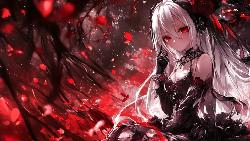 Crimson eyed gothic girl in a swirling storm of petals.